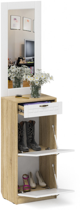 Прихожая П-6 Тумба для обуви 2 секции + Зеркало, цвет дуб сонома/фасады МДФ белое дерево фрезеровка прованс, ШхГхВ 50х35х210 см.
