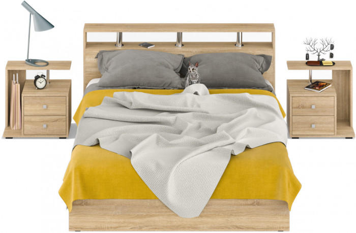 Камелия Кровать с ящиками 1600 + две тумбы, дуб сонома