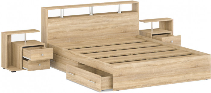 Камелия Кровать с ящиками 1600 + две тумбы, дуб сонома