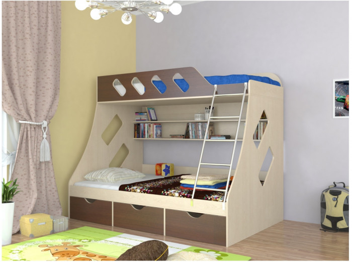 Дельта-20.01 Детская двухъярусная кровать с лестницей (Голубой, Дуб молочный)