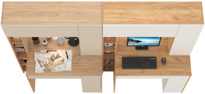 Два стола компьютерных Комфорт 12.71, цвет гикори рокфорд натуральный/сатин/дуб золотой/белый, ШхГхВ 233,4х60,2х165,4 см., НЕ универсальная сборка