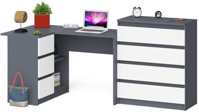 Мори компьютерный стол МС-16 левый + Комод МК800.4, графит/белый