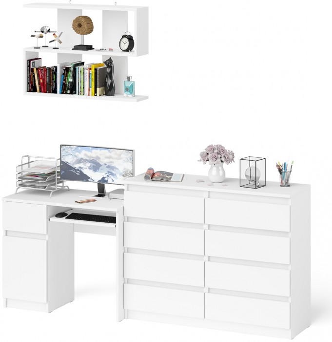 Мори Стол компьютерный МС-1 левый + Комод МК1200.8 + Полка 900, цвет белый, ШхГхВ 210,4х50х209,6 см., НЕ универсальная сборка