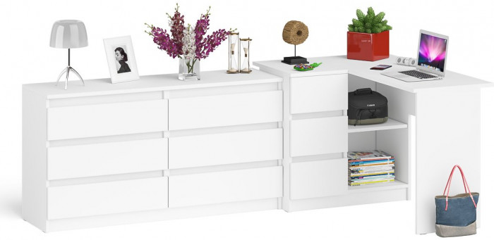 Мори Стол компьютерный МС-16 левый + Комод МК1380.6, цвет белый, ШхГхВ 262,4х84,9х76,6 см., выдвижные ящики слева, НЕ универсальная сборка
