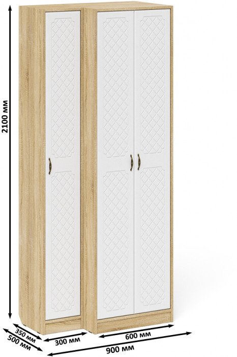 Прихожая П-6 Шкаф + Пенал, дуб сонома/фасады МДФ белое дерево фрезеровка ромб