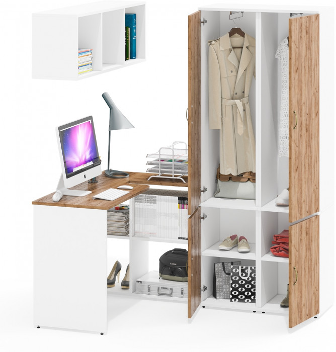 Лидер-8 Стол + Полка + Пенал МД 21Б + Пенал МД 21Б, белый шагрень/крафт золото