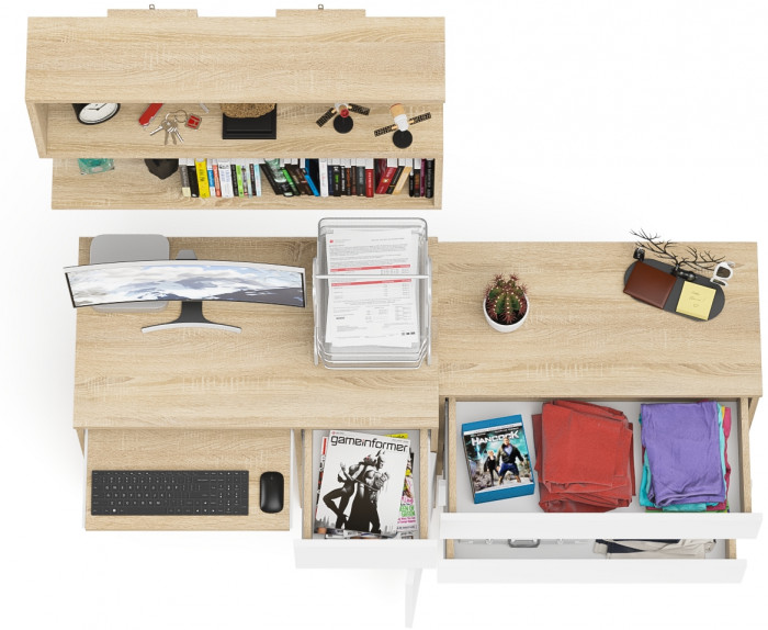 Мори компьютерный стол МС-1 правый + Комод МК800.1 + Полка 900, дуб сонома/белый