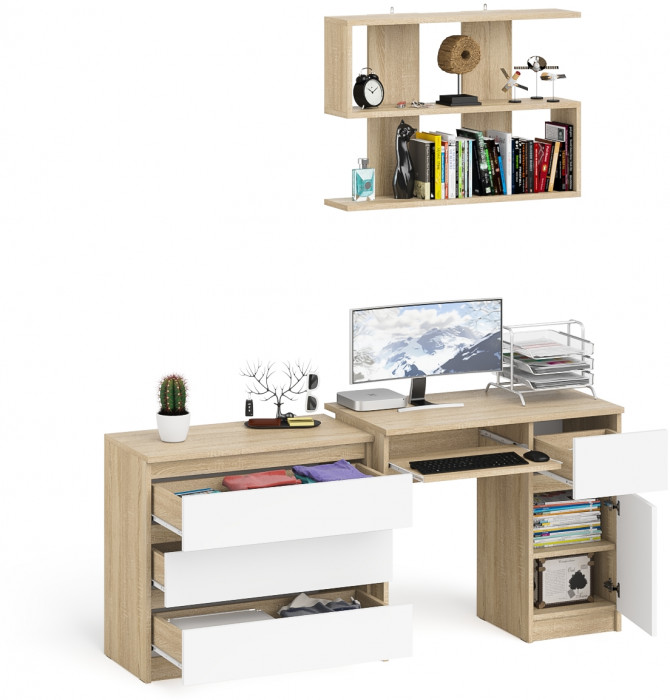 Мори компьютерный стол МС-1 правый + Комод МК800.1 + Полка 900, дуб сонома/белый