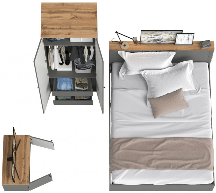 Остин 11.53 Кровать + ортопед + 13.336.02 Шкаф для одежды + 13.257 Тумба, серый графит/дуб крафт золотой