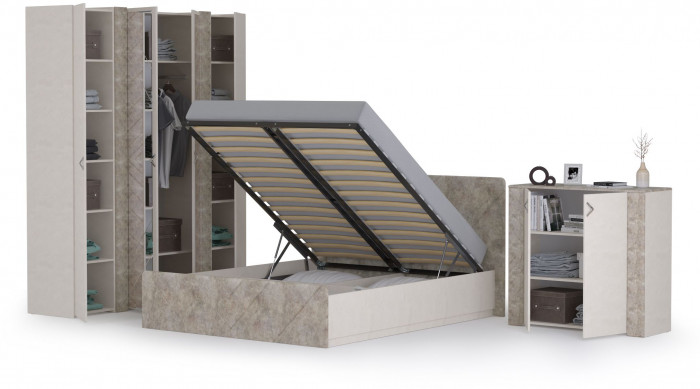 Амели Спальня № 10 Шкафы 08.49 + 13.133 + 08.49 + Кровать 11.31 + под. ортопед + Комод 13.107, цвет шёлк. камень/бетон чикаго беж, 1600х2000 мм, б/м