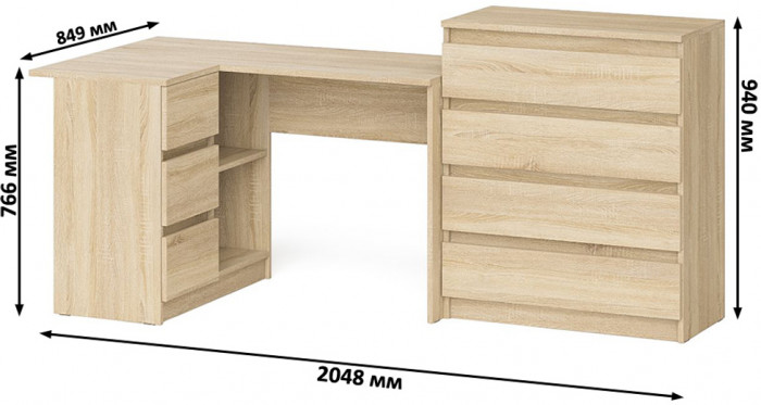 Мори компьютерный стол МС-16 левый + Комод МК800.4, дуб сонома