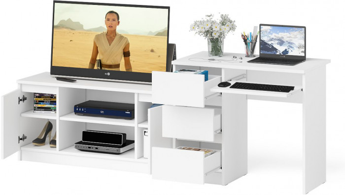 Мори компьютерный стол МС-6 левый + Тумба МТВ1200.1, белый