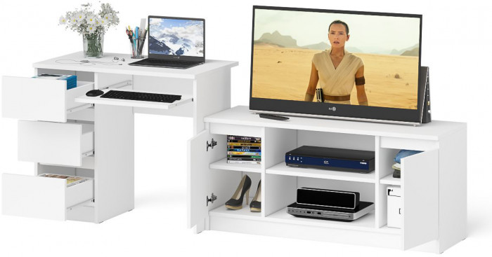 Мори компьютерный стол МС-6 левый + Тумба МТВ1200.1, белый