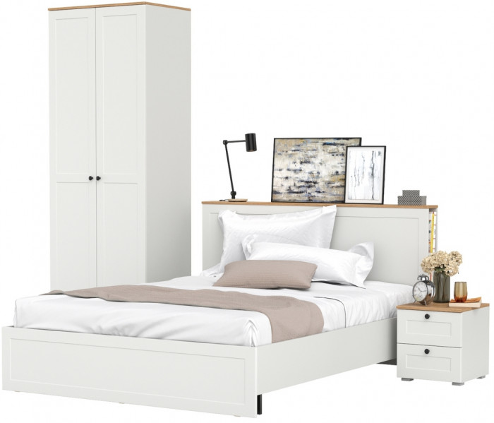 Остин 11.53 Кровать + ортопед + 13.336.02 Шкаф для одежды + 16.152 Тумба прикроватная, белый шагрень/дуб крафт золотой