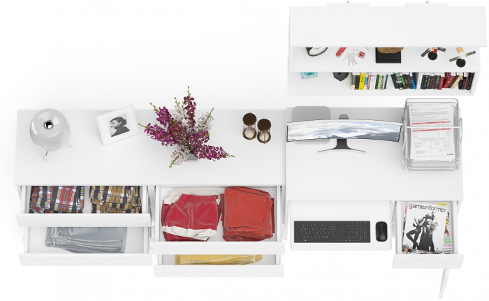 Мори Стол компьютерный МС-1 правый + Комод МК1380.6 + Полка 900, цвет белый, ШхГхВ 228х50х209,6 см., НЕ универсальная сборка