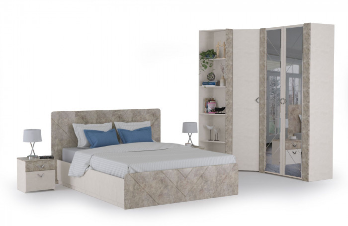 Амели Спальня № 6 Две тумбочки + Кровать 11.31 + под. ортопед + Шкафы 13.140 + 13.131 + 13.133, цвет шёлк. камень/бетон чикаго беж, 1600х2000 мм, б/м