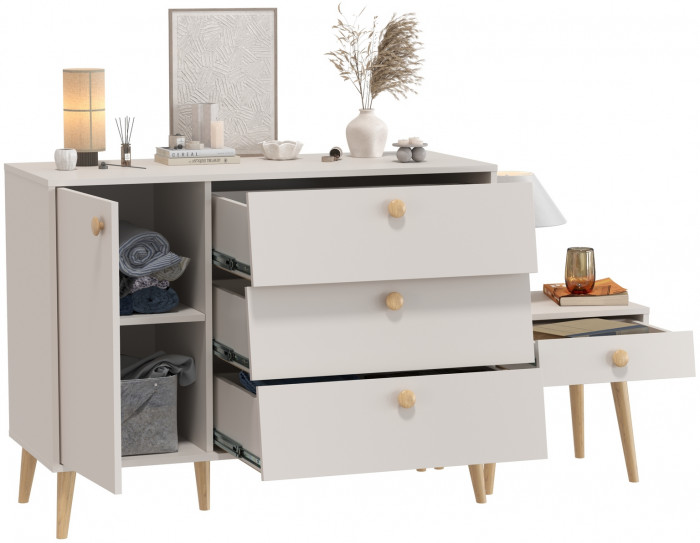 Афина Спальня Комод с дверкой и тремя ящиками + Тумба прикроватная, цвет кашемир серый, ШхГхВ 110х45,3х83 + 45х37х45 см., универсальная сборка