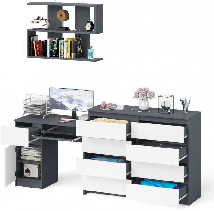 Мори Стол компьютерный МС-1 левый + Комод МК1200.8 + Полка 900, цвет графит/белый, ШхГхВ 210,4х50х209,6 см., НЕ универсальная сборка