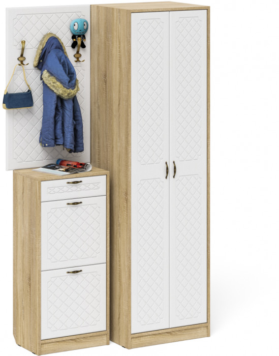 Прихожая П-6 Компоновка № 18, цвет дуб сонома/фасады МДФ белое дерево фрезеровка ромб, ШхГхВ 120х50х210 см., универсальная сборка