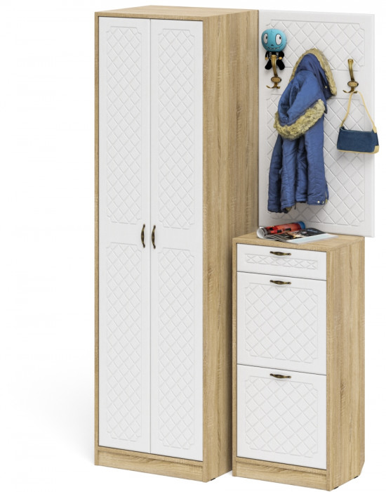 Прихожая П-6 Компоновка № 18, цвет дуб сонома/фасады МДФ белое дерево фрезеровка ромб, ШхГхВ 120х50х210 см., универсальная сборка