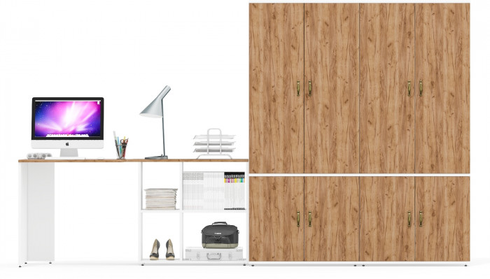 Лидер-8 Стол + Шкаф МД 20Б + Шкаф МД 20Б, цвет белый шагрень/крафт золото, ШхГхВ 325х50/37,5х75/190 или 115х240/50х75/190 см., НЕ ун. сборка