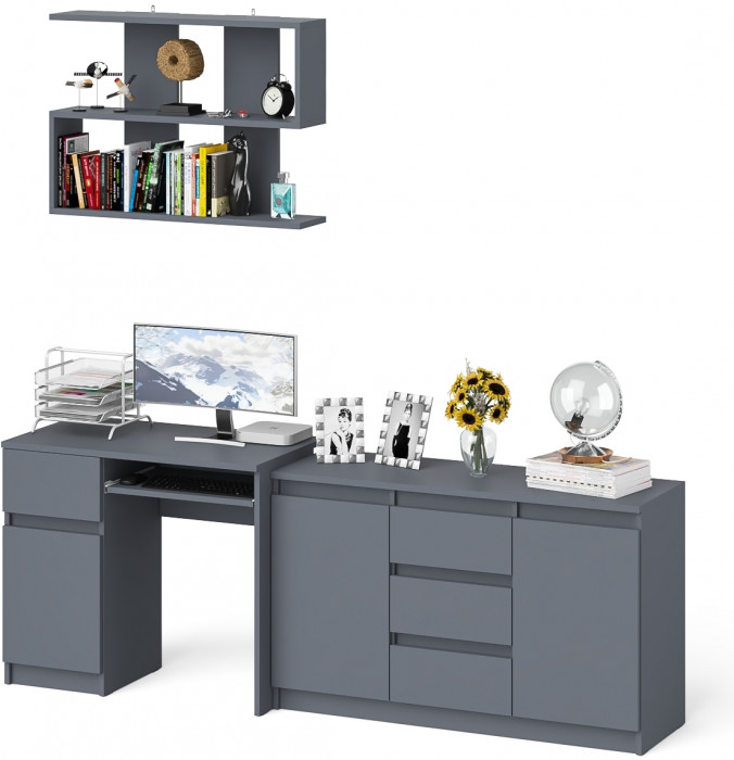Мори Стол компьютерный МС-1 левый + Комод МК1200.3 + Полка 900, цвет графит, ШхГхВ 210,4х50х209,6 см., НЕ универсальная сборка