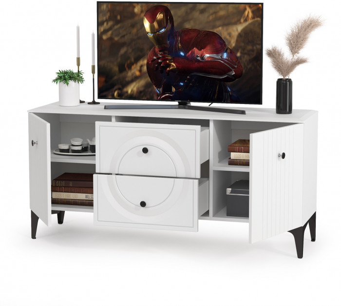 Валенсия Гостиная 16.45 Тумба под ТВ, цвет ЛДСП белый шагрень/МДФ белый шагрень, ШхГхВ 133,1х38,3х63,7 см.