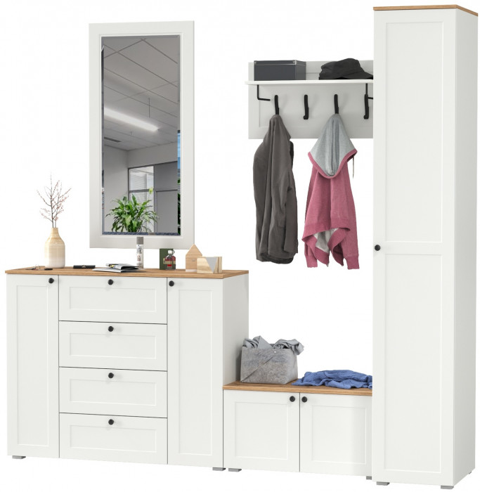 Остин Прихожая 51, цвет белый шагрень/дуб крафт золотой, ШхГхВ 240х54,3х229,6 см., универсальная сборка