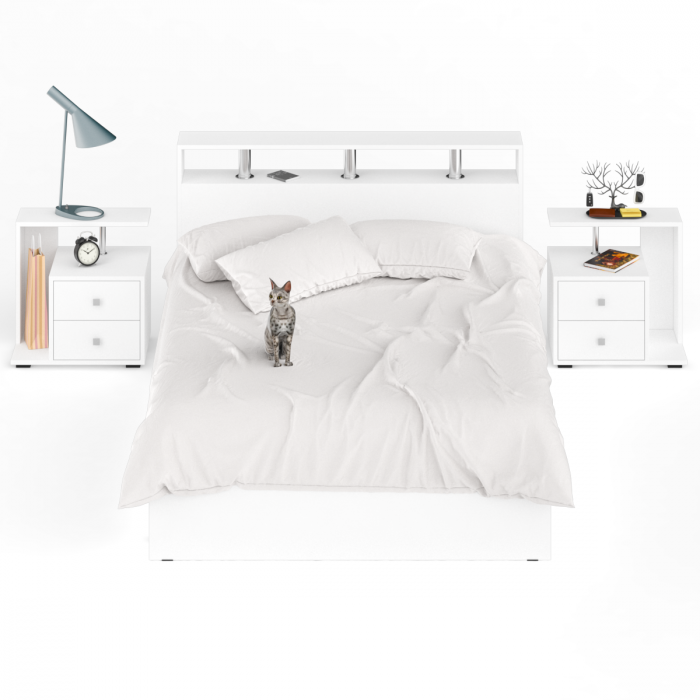 Камелия Кровать 1400 + две тумбы, цвет белый, ШхГхВ 256х217х78,2 см., сп.м. 1400х2000 мм., без матраса, основание есть