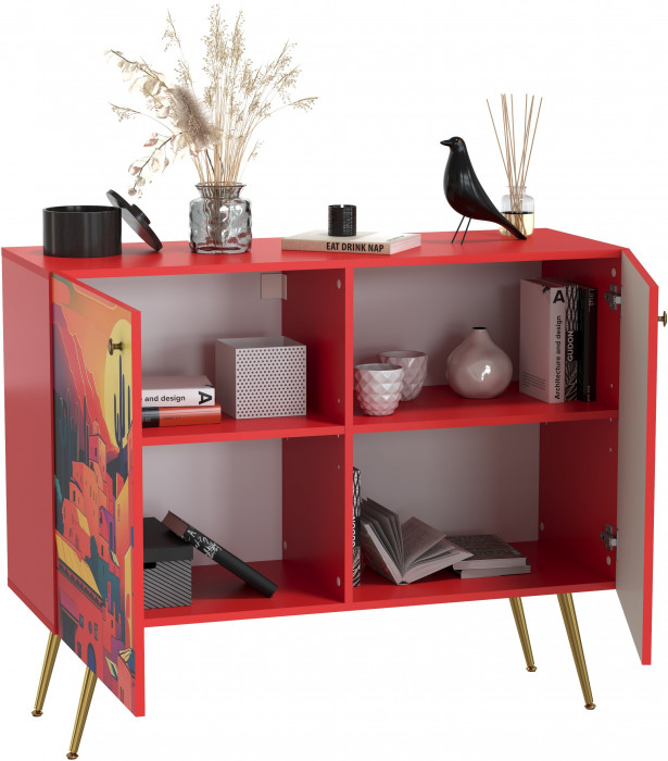 Кармин Комод-тумба 16.230.03, цвет красный/белый, ШхГхВ 115,3х42,6х93,2 см., фасады с рисунком Бразильские домики, две дверки