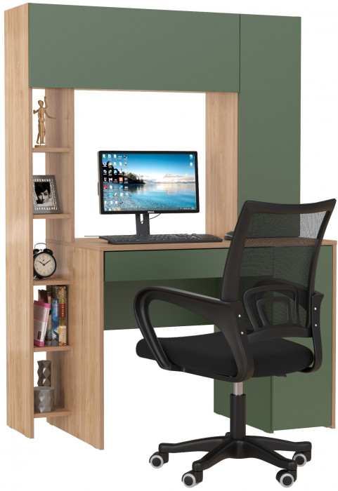 Стол компьютерный Комфорт 12.71 + кресло 103 чёрное, цвет гикори рокфорд натуральный/дымчатый зелёный, ШхГхВ 116,7х60,2х165,4 см., НЕ ун. сборка