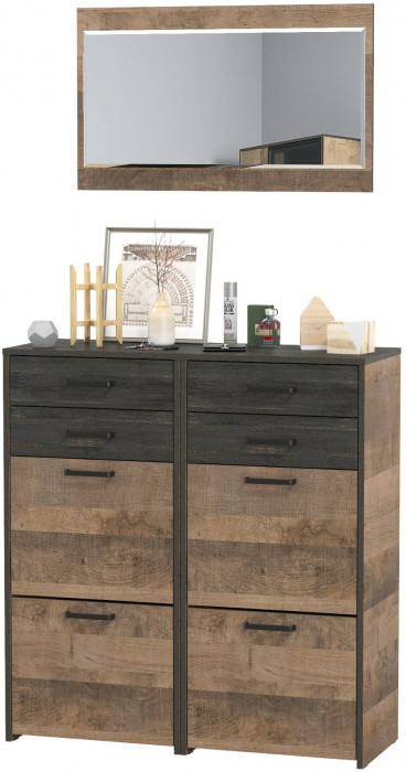 Трувор 13.241.06 Тумба для обуви + 13.241.06 Тумба для обуви + 15.30 Зеркало, цвет дуб гранж песочный/интра, ШхГхВ 100х37х195 см.