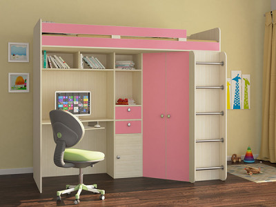 Кровать чердак Астра Дуб молочный/Розовый
