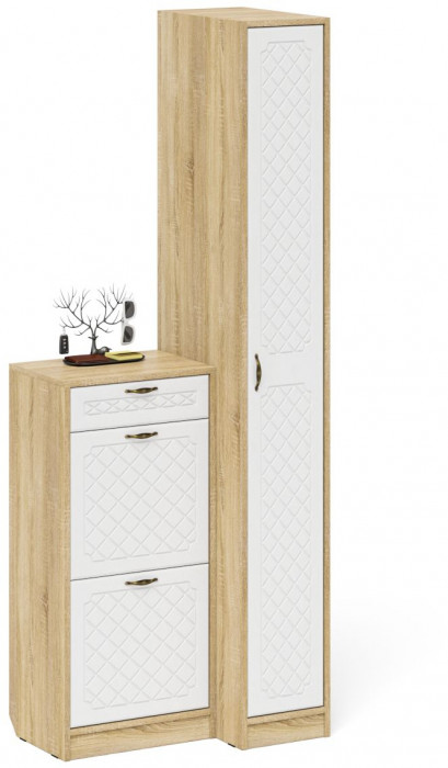 Прихожая П-6 Компоновка № 42, дуб сонома/фасады МДФ белое дерево фрезеровка ромб