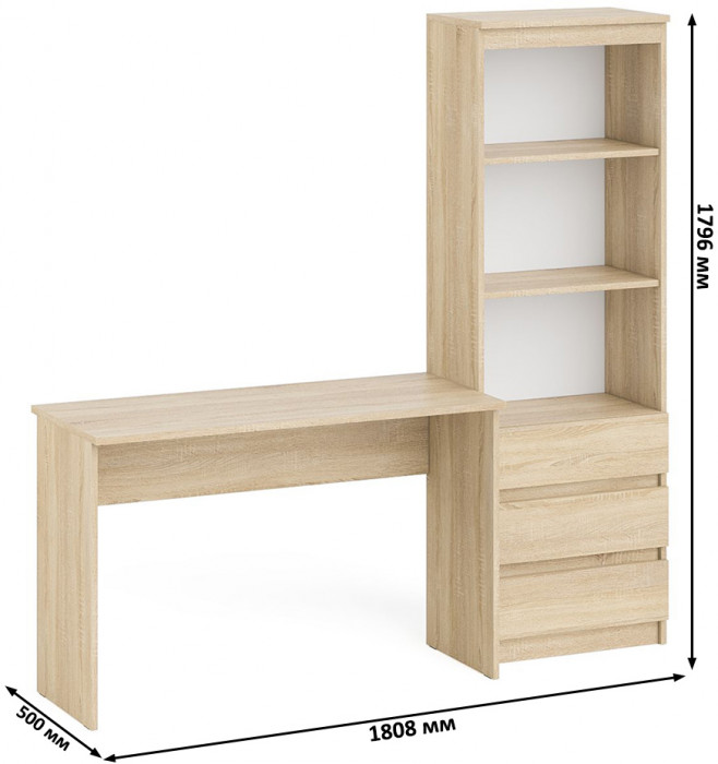 Мори Стол письменный МСП1200.1 + Стеллаж МСТ600.3, цвет дуб сонома, ШхГхВ 180,8х50х179,6 см., универсальная сборка