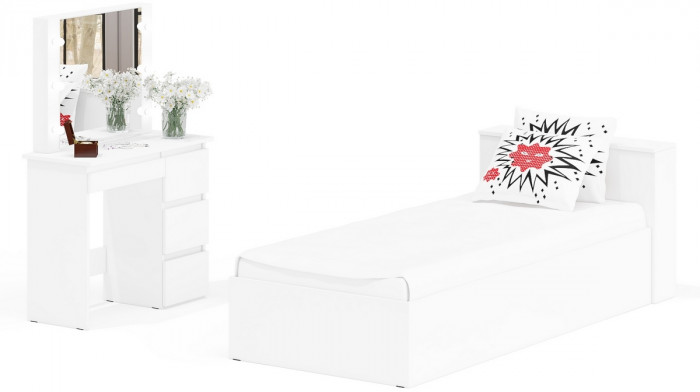 Ксения Кровать с ящиками 0900 + Стол косметический с подсветкой Сура, белый