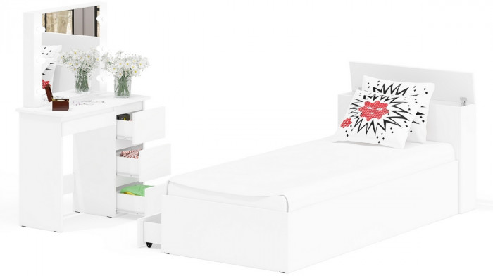 Ксения Кровать с ящиками 0900 + Стол косметический с подсветкой Сура, белый