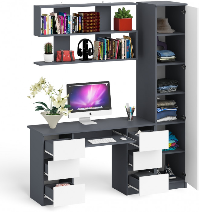 Мори компьютерный стол МС-2 + Пенал МШ400.1 + Полка 1200, графит/белый
