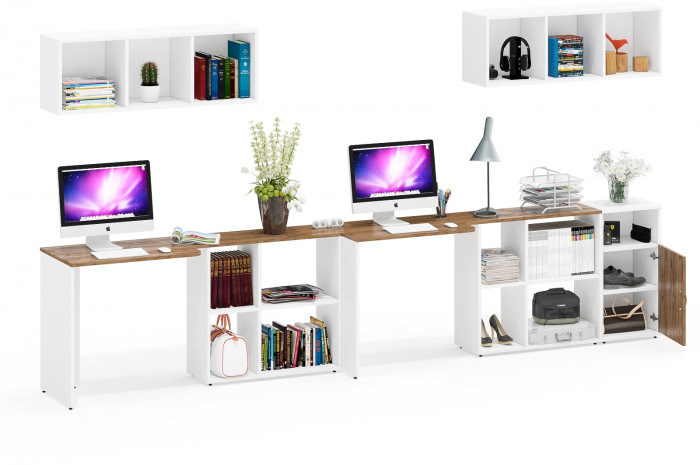 Лидер-8 Стол + Полка + Стол + Полка + Тумба МД 3.19, цвет белый шагрень/крафт золото, ШхГхВ 370х50/30х75 см. или 230х50/120х75 см., НЕ универс. сборка