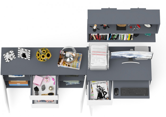 Мори Стол компьютерный МС-1 левый + Комод МК1200.3 + Полка 900, цвет графит/белый, ШхГхВ 210,4х50х209,6 см., НЕ универсальная сборка