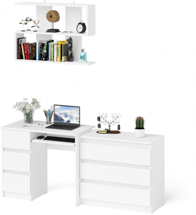 Мори Стол компьютерный МС-6 левый + Комод МК800.1 + Полка 900, цвет белый, ШхГхВ 170,4х50х209,6 см., НЕ универсальная сборка