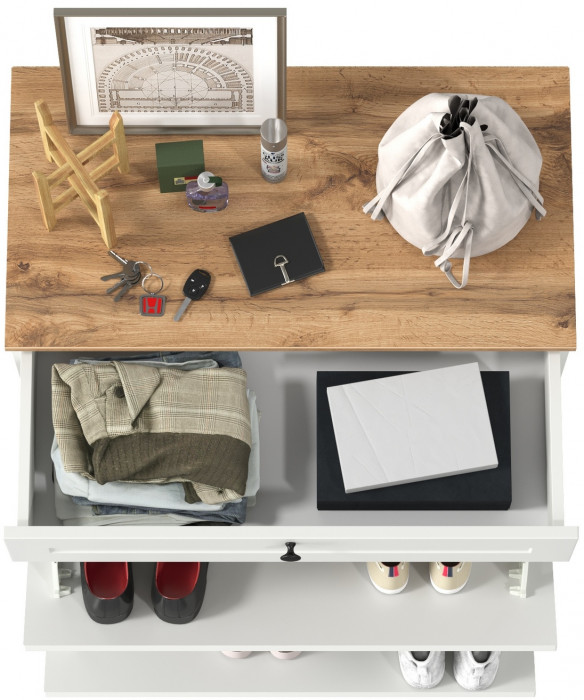 Остин 16.121 Тумба для обуви, цвет белый шагрень/дуб крафт золотой, ШхГхВ 80х41,6х99,3 см.