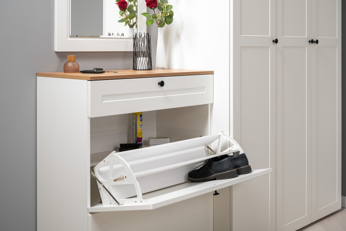 Остин 16.121 Тумба для обуви, цвет белый шагрень/дуб крафт золотой, ШхГхВ 80х41,6х99,3 см.