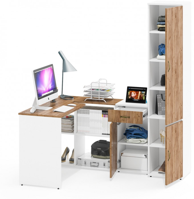 Лидер-8 Стол + Тумба МД 3.15 + Пенал МД 22Б, белый шагрень/крафт золото