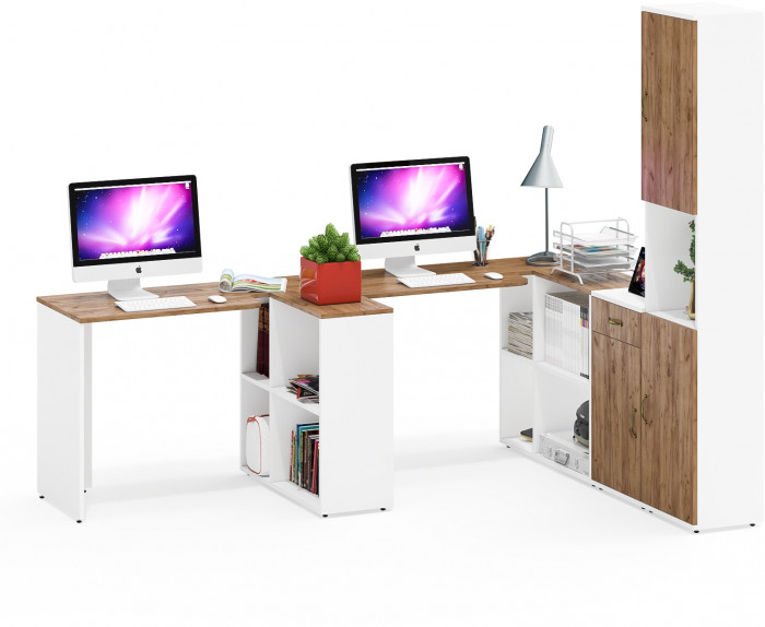 Лидер-8 Стол + Стол + Пенал + Тумба МД 3.15, цвет белый шагрень/крафт золото, ШхГхВ 410х50/30х75/190 см. или 230х50/160х75/190 см., НЕ универс. сборка