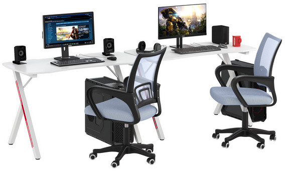 Два игровых стола Мебель--24 GT-2310 + два кресла компьютерных 103 серых, цвет белый, ШхГхВ 240х60х73 + 59х56х83-94 см.