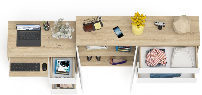 Мори Стол компьютерный МС-6 правый + Комод МК1600.1, цвет дуб сонома/белый, ШхГхВ 250,4х50х94 см., выдвижные ящики справа, НЕ универсальная сборка