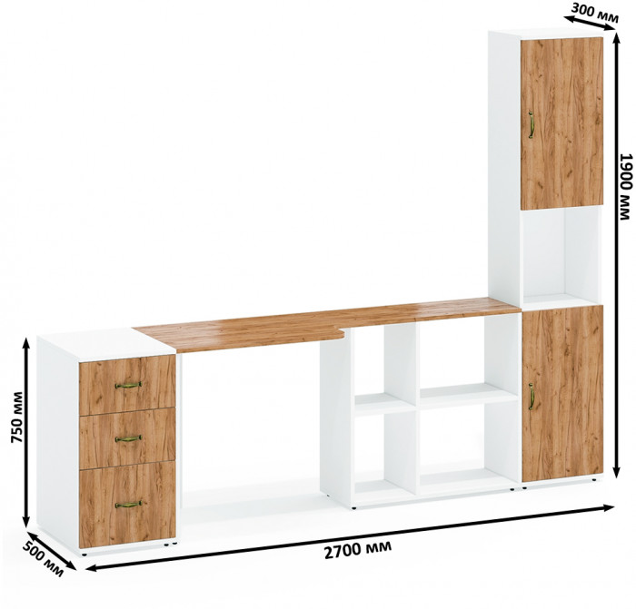 Лидер-8 Стол + Тумба МД 3.16 + Пенал, белый шагрень/крафт золото