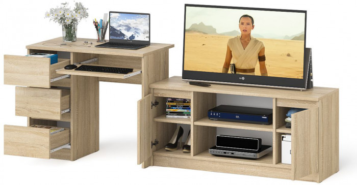 Мори компьютерный стол МС-6 левый + Тумба МТВ1200.1, дуб сонома