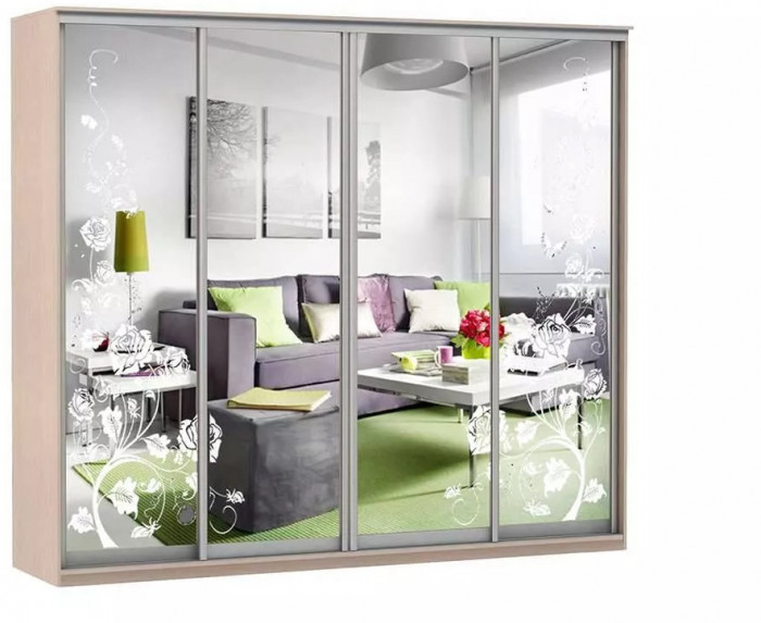 Шкаф купе Модерн 2362х450 4-х дверный 3-х секционный зеркальный с пескоструем №3 ясень